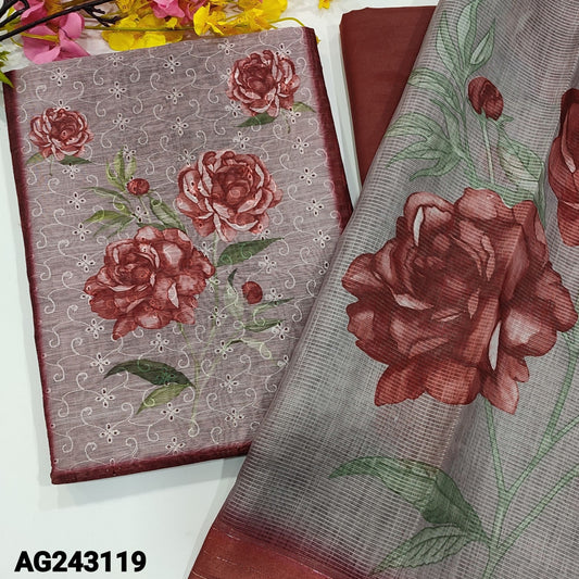 CODE AG243119 : Dark maroon schiffli embroidered digital printed silk cotton unstitched salwar material(thin fabric, lining needed)matching silky bottom, digital floral printed silk cotton dupatta with zari line borders.