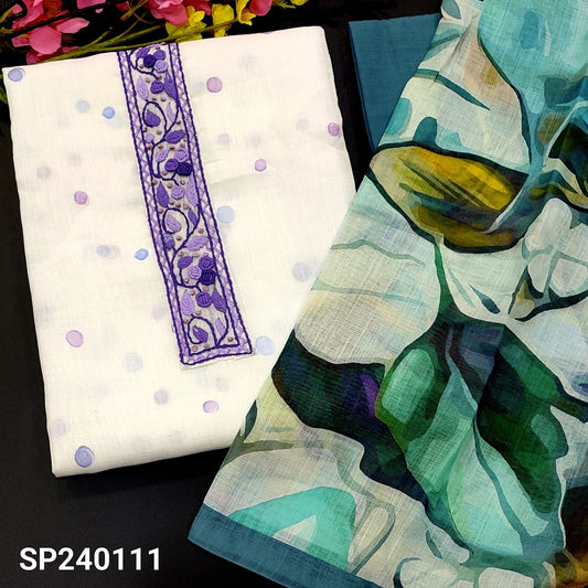 CODE SP240111 : Half white semi linen unstitched salwar material, hand embroidered on yoke, polka dots all over(lining needed)dark bluish grey drum dyed cotton bottom, multicolor abstract printed semi linen dupatta.