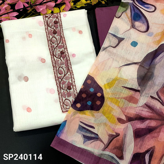 CODE SP240114 : Half white semi linen unstitched salwar material, hand embroidered on yoke, polka dots all over(lining needed)purple drum dyed cotton bottom, multicolor abstract printed semi linen dupatta.