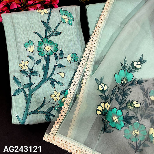 CODE AG243121 : Pastel blue pure linen unstitched salwar material, hand embroidered work on yoke& front(lining needed)matching drum dyed cotton fabric provided for lining, NO BOTTOM, brush painted fancy organza dupatta with lace tapings.