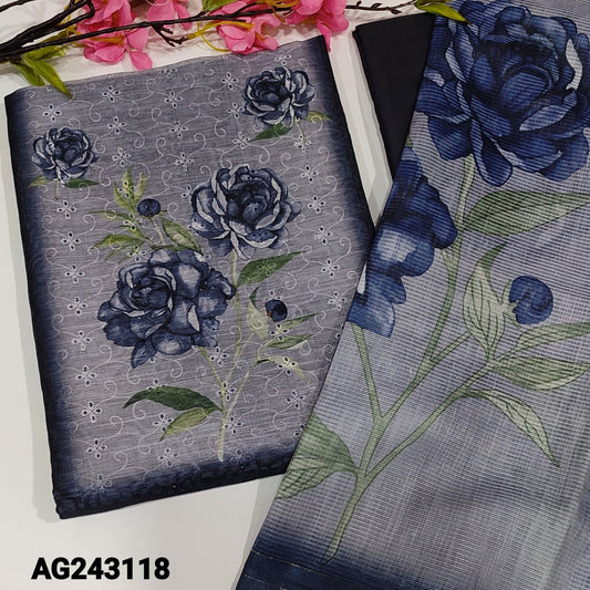 CODE AG243118 : Dark grey schiffli embroidered digital printed silk cotton unstitched salwar material(thin fabric, lining needed)matching silky bottom, digital floral printed silk cotton dupatta with zari line borders.