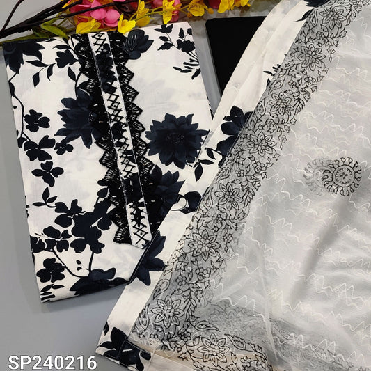 CODE SP240216 : White base black floral printed pure soft cotton unstitched salwar material, lace work on yoke(lining optional)black cotton bottom, embroidered fancy chiffon dupatta with block print& tapings.