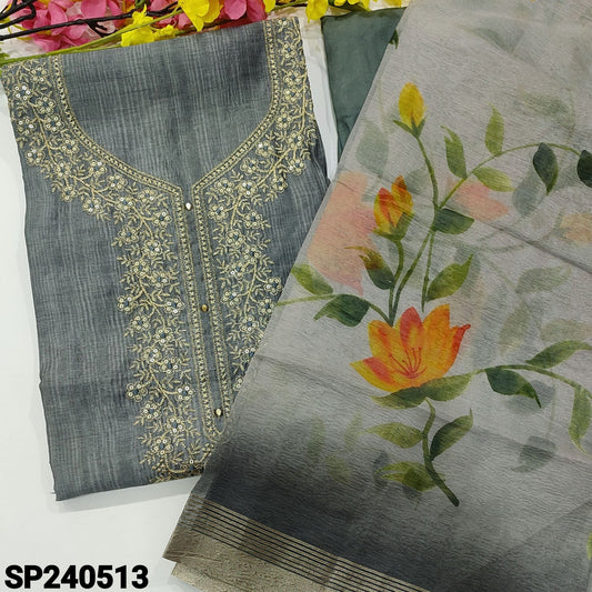 CODE SP240513 : Grey designer premium silk cotton unstitched salwar material, zari, sequins& thread work on yoke(lining needed)matching santoon bottom, crinkled organza dupatta with floral printed& zari borders..