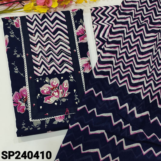 CODE SP240410 : Dark blue floral printed soft cotton unstitched salwar material, thread, sequins& lace work on york(lining optional)zigzag printed cotton bottom, printed pure cotton dupatta.