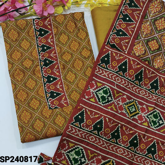 CODE SP240817 : Mehandhi yellow designer patola digital printed silk cotton unstitched salwar material, kantha stitch& sequins work on yoke(lining needed)matching santoon bottom, printed fancy silk cotton dupatta with thread& sequins work.