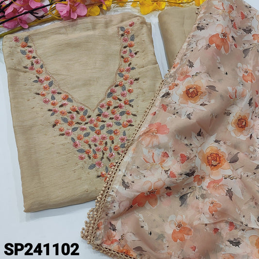 CODE SP241102 : Rich beige premium jakard silk unstitched salwar material, v neck with cut bead& sequins work(thin fabric, lining needed)matching santoon bottom, floral printed soft organza silk dupatta with lace tapings.