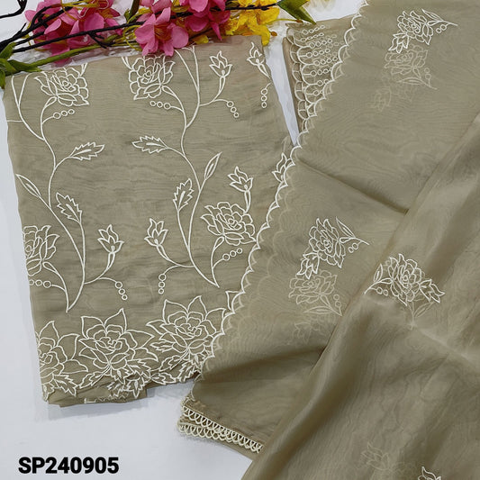 CODE SP240905 : Greyish beige embroidered organza unstitched salwar material(thin fabric, lining needed)cut work edges on daman, matching santoon bottom, embroidered organza dupatta with cut work edges.