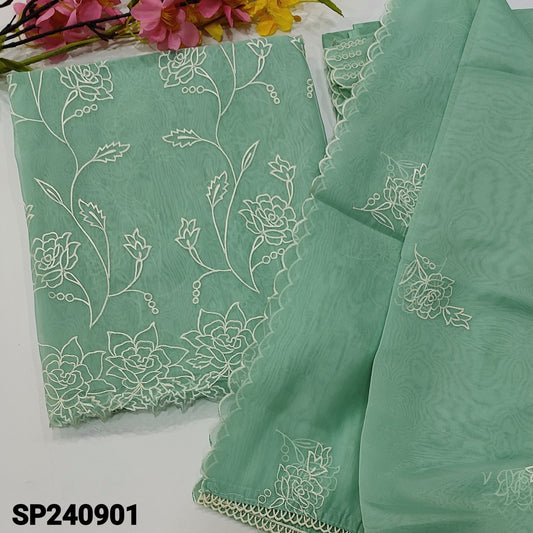 CODE SP240901 : Pastel blue embroidered organza unstitched salwar material(thin, lining needed)cut work edges on daman, matching santoon bottom, embroidered organza dupatta with cut work edges.