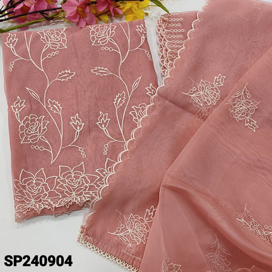 CODE SP240904 : Pastel pink embroidered organza unstitched salwar material(thin fabric, lining needed)cut work edges on daman, matching santoon bottom, embroidered organza dupatta with cut work edges.