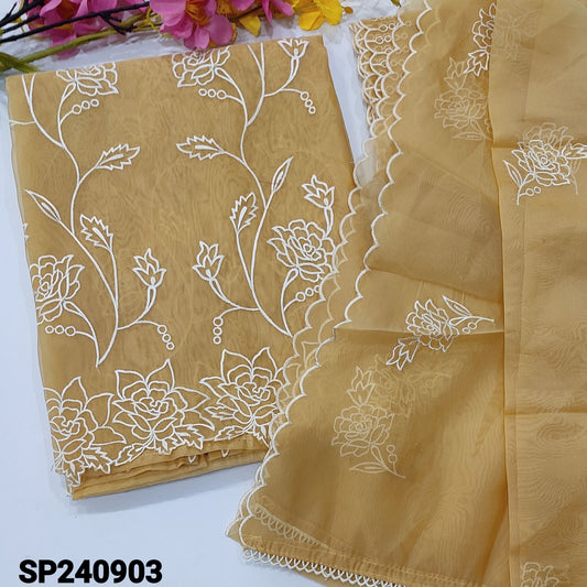 CODE SP240903 : Sandal yellow embroidered organza unstitched salwar material(thin, lining needed)cut work edges on daman, matching santoon bottom, embroidered organza dupatta with cut work edges.