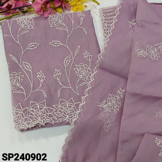 CODE SP240902 : Light purple embroidered organza unstitched salwar material(thin, lining needed)cut work edges on daman, matching santoon bottom, embroidered organza dupatta with cut work edges.