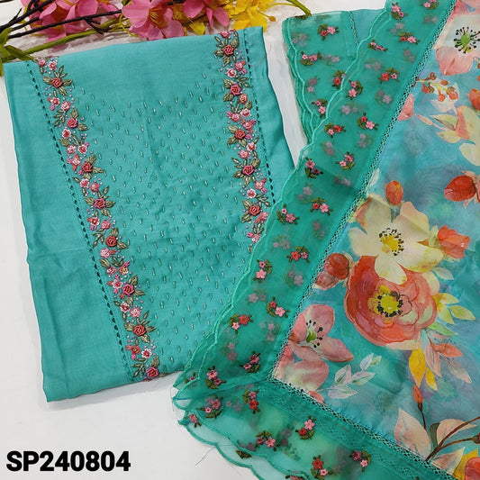 CODE SP240804 : Light blue designer premium silk cotton unstitched salwar material, rich hand work on yoke(shiny fabric, lining needed)matching santoon bottom, with rich work, floral printed organza silk dupatta with embroidered& lace work.