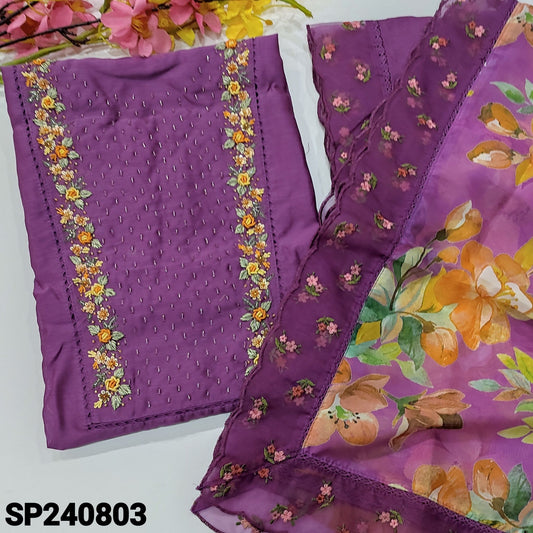 CODE SP240803 : Purple designer premium silk cotton unstitched salwar material, rich hand work on yoke(shiny fabric, lining needed)matching santoon bottom, with rich work, floral printed organza silk dupatta with embroidered& lace work.