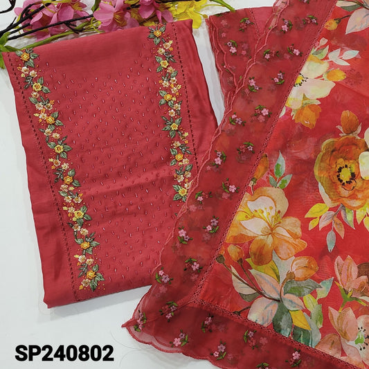 CODE SP240802 : Dark pink designer premium silk cotton unstitched salwar material, rich hand work on yoke(shiny fabric, lining needed)matching santoon bottom, with rich work, floral printed organza silk dupatta with embroidered& lace work.