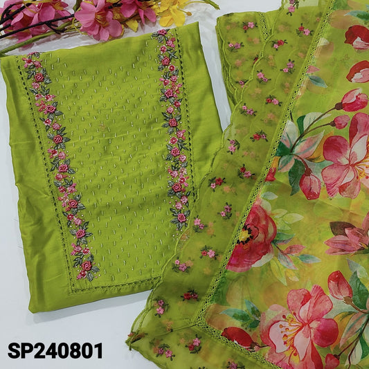 CODE SP240801 : Bright tender leaf green designer premium silk cotton unstitched salwar material, rich hand work on yoke(shiny fabric, lining needed)matching santoon bottom, with rich work, floral printed organza silk dupatta with embroidered& lace work.