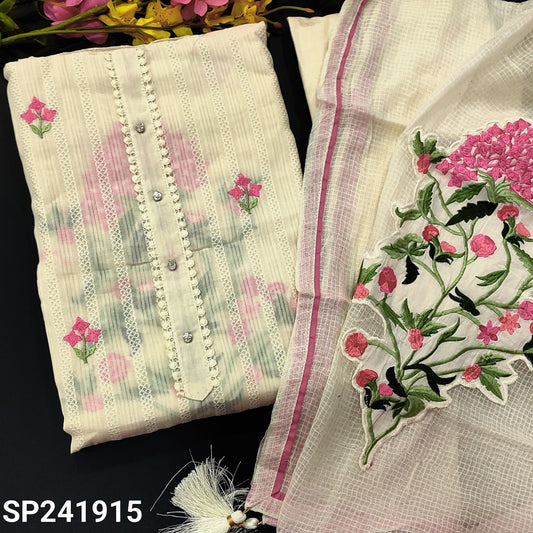 CODE SP241915 : White premium jakard cotton unstitched salwar material, fancy buttons on yoke, embroidered& self woven design all over(lining needed)matching fabric provided for lining, NO BOTTOM, embroidered pure cotton dupatta with piping.