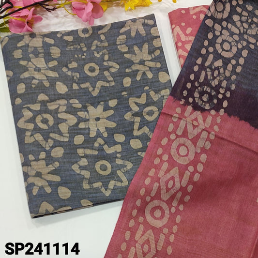 CODE SP241114 : Blue bagalpuri jute silk cotton unstitched salwar material, original wax batik all over(lining optional)pink batik dyed jute silk cotton bottom, original batik dyed dual shaded bagalpure jute silk cotton dupatta.