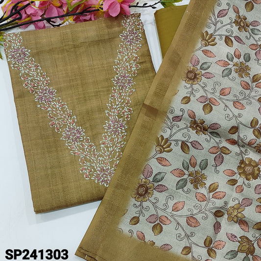 CODE SP241303 : Mehandhi yellow semi tussar unstitched salwar material, v neck with thread work(lining needed)matching silky bottom, floral printed semi tussar full length dupatta with gold tissue borders.