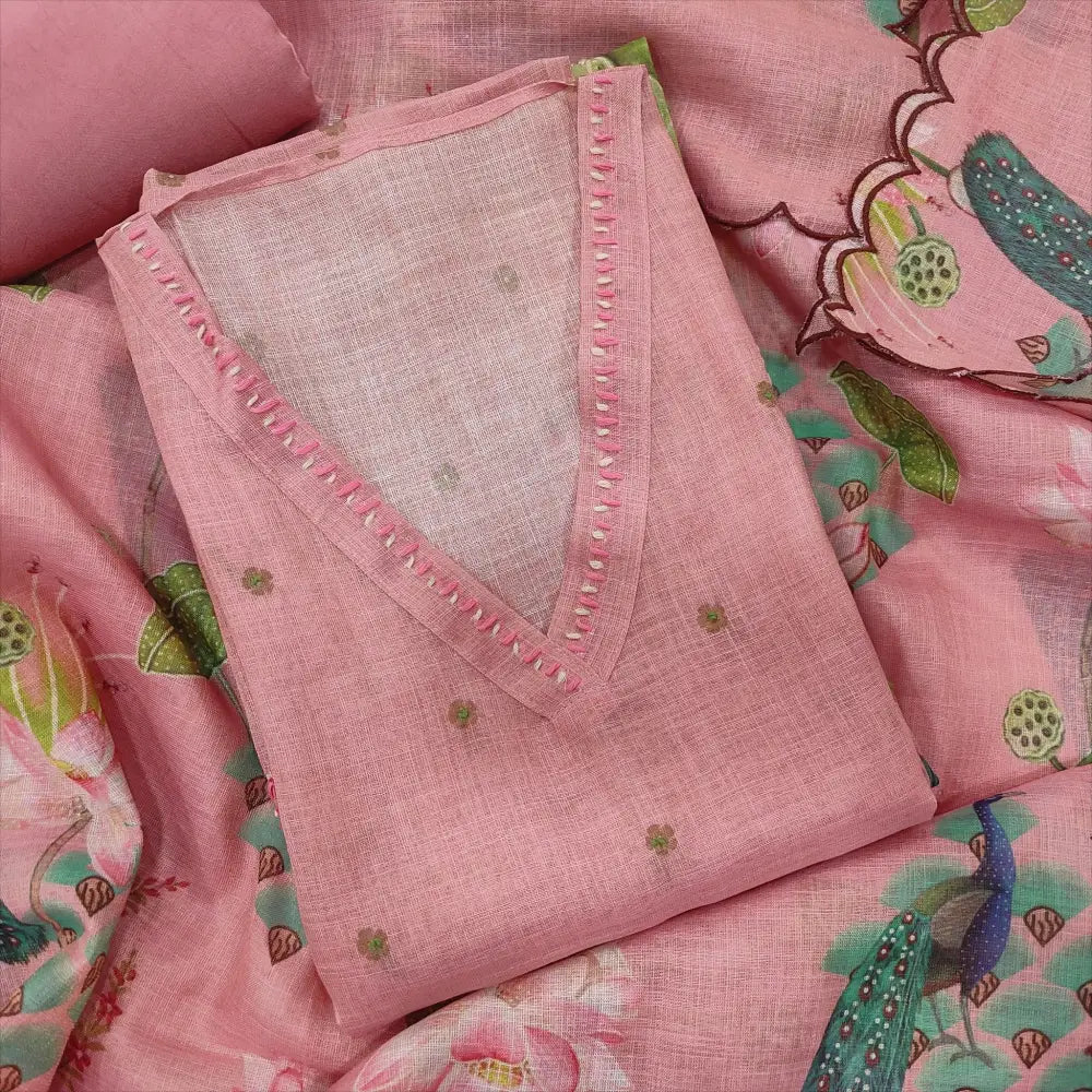 CODE SP242201: Pastel pink with golden tint pure tissue linen unstitched salwar material v neck thread work all