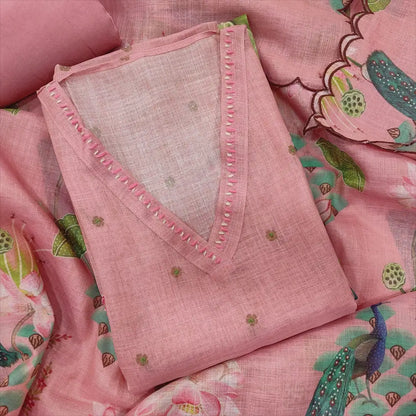 CODE SP242201: Pastel pink with golden tint pure tissue linen unstitched salwar material v neck thread work all