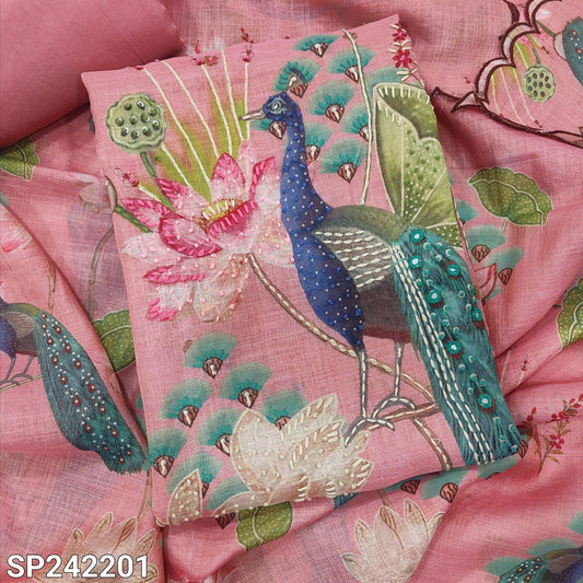 CODE SP242201 : Pastel pink with golden tint pure tissue linen unstitched salwar material, v neck, thread work all over(thin, lining needed)rich peacock design on daman, matching santoon bottom, printed tissue linen dupatta with scallop edges.