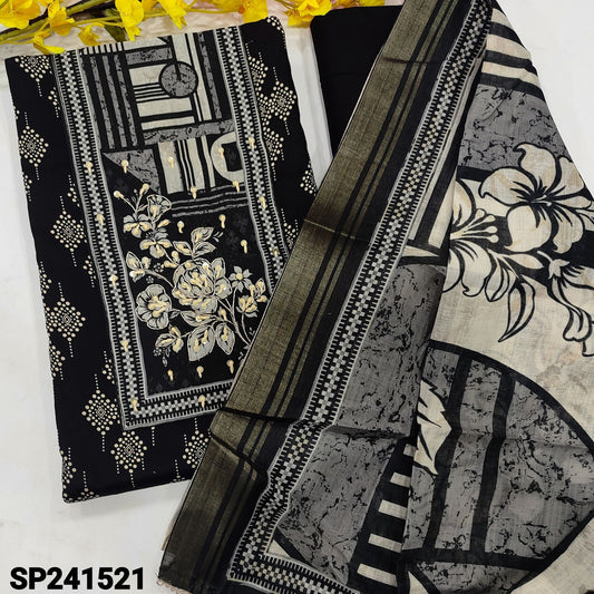 CODE SP241521 : Black printed soft cotton unstitched salwar material, thread& sequins work on yoke(lining optional)matching spun cotton bottom, printed semi linen dupatta with tissue borders.