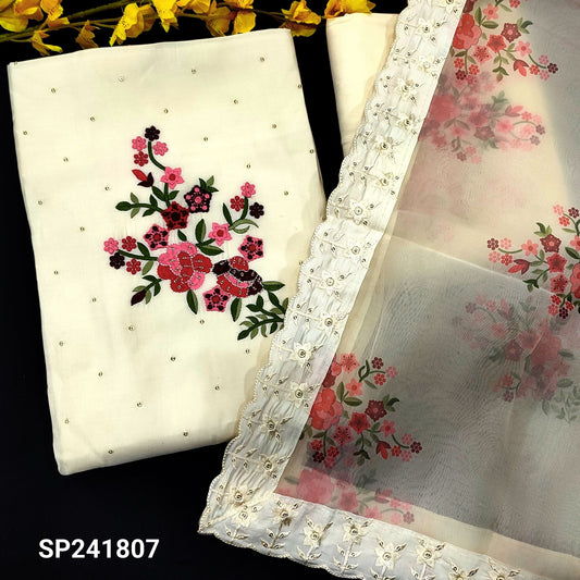 CODE SP241807 : Half white fancy soft silk cotton  unstitched salwar material, floral embroidered on yoke, sequins work on front(silky, lining needed)matching silk cotton bottom, floral printed fancy organza dupatta with sequins borders& scallop edges.