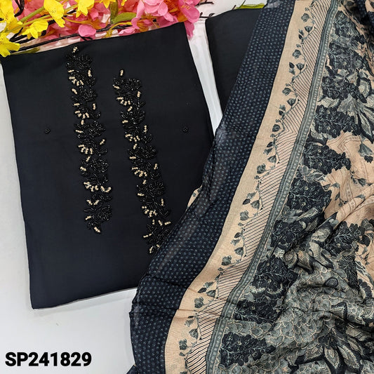 CODE SP241829 : Black  designer soft silk cotton unstitched salwar material, heavy bead& thread work on yoke, bead work on front(silky fabric, lining needed)matching santoon bottom, abstract printed pure maslin silk dupatta.