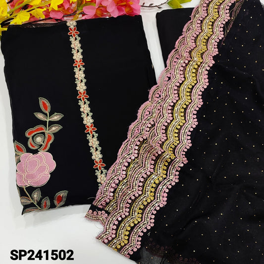 CODE SP241502 : Black designer pure organza unstitched salwar material, embroidered &sequins work on front(lining needed)thread,sequins&scallop work on daman, matching spun cotton bottom, fancy organza dupatta with dewdrop design& rich borders.