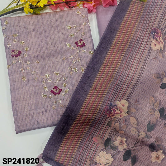 CODE SP241820 : Lavender with golden tint designer digital printed premium tissue silk cotton unstitched salwar material, rich work on yoke(thin fabric, lining needed)matching santoon bottom, floral printed tissue silk cotton dupatta.