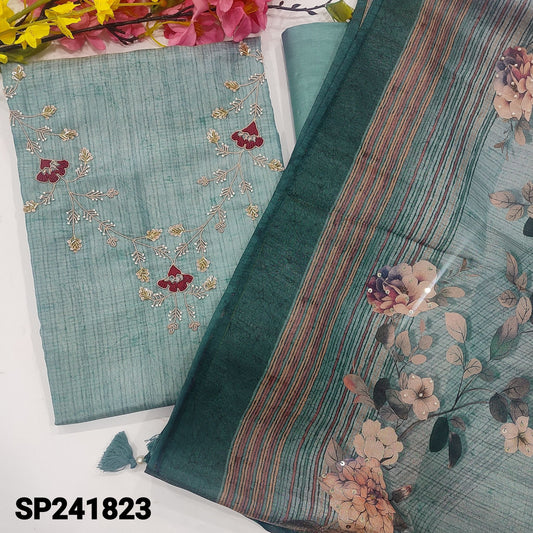 CODE SP241823 : Pastel blue with golden tint designer digital printed premium tissue silk cotton unstitched salwar material, rich work on yoke(thin fabric, lining needed)matching santoon bottom, floral printed tissue silk cotton dupatta.