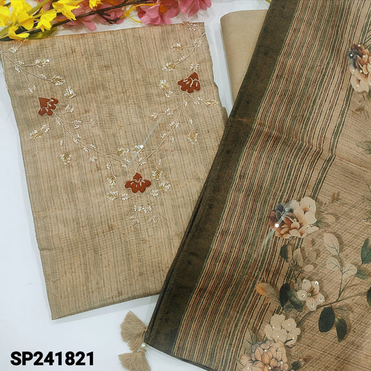 CODE SP241821 : Rich beige with golden tint designer digital printed premium tissue silk cotton unstitched salwar material, rich work on yoke(thin fabric, lining needed)matching santoon bottom, floral printed tissue silk cotton dupatta.