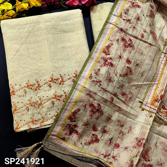 CODE SP241921 : Pale yellow designer tissue linen unstitched salwar material, hand embroidered on yoke(thin fabric, lining needed)french knot work on daman, matching santoon bottom, floral printed semi tussar dupatta with hand work.