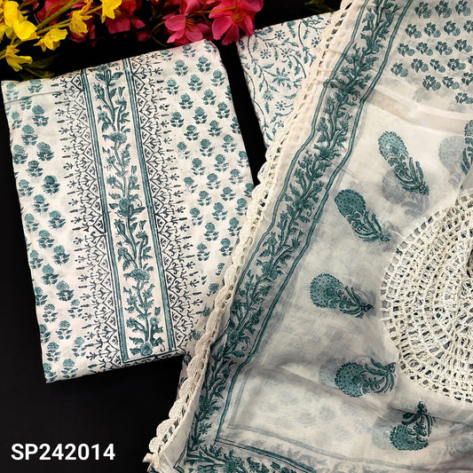 CODE SP242014 : Half white base block printed pure soft cotton unstitched salwar material(thin fabric, lining needed)block printed cotton bottom, block printed pure mul cotton full length dupatta with crochet lace work.