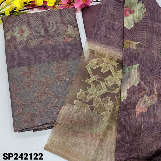 CODE SP242122 : Dark mauve floral printed organza unstitched salwar material, zari buttas on front(thin fabric, lining needed)rich banarasi design on daman, matching santoon bottom, floral printed organza dupatta zari lines& buttas.