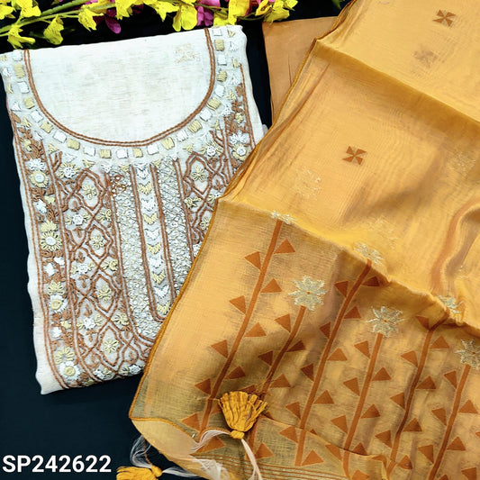 CODE SP242622 : Beige jamdani woven premium slub silk cotton unstitched salwar material, heavy hand embroidered on yoke(thin fabric, lining needed)fenugreek yellow santoon bottom,  jamdani woven soft silk cotton dupatta with tassels.