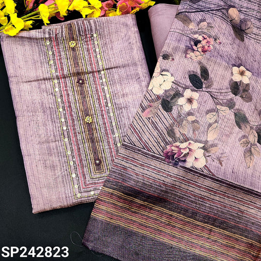 CODE SP242823 : Lavender with golden tint digital printed tissue silk cotton unstitched salwar material, faux mirror& sequins work on yoke(thin fabric, lining needed)matching santoon bottom, digital printed tissue silk cotton dupatta.