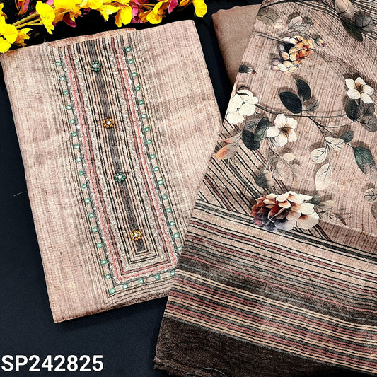 CODE SP242825 : Grey shade with golden tint digital printed tissue silk cotton unstitched salwar material, faux mirror& sequins work on yoke(thin fabric, lining needed)matching santoon bottom, digital printed tissue silk cotton dupatta.