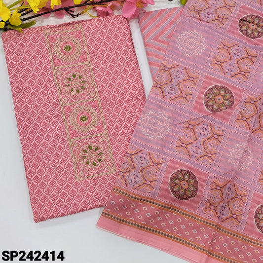 CODE SP242414 : Pink printed soft cotton unstitched salwar material, embroidered on yoke(lining needed)zigzag printed cotton bottom, printed cotton dupatta(REQUIRES TAPIGNS).