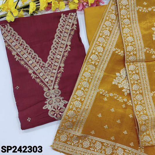 CODE SP242303 : Beetroot purple designer pure maslin silk unstitched salwar material, v neck with zari& sequins work, sequins work on front(lining needed)mehandhi yellow silk cotton bottom, premium tissue silk short width dupatta with zari weaving.