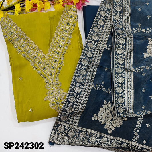 CODE SP242302 : Bright mehandhi yellow designer pure maslin silk unstitched salwar material, v neck with zari& sequins work, sequins work on front(lining needed)dark teal blue silk cotton bottom, premium tissue silk short width dupatta with zari weaving.