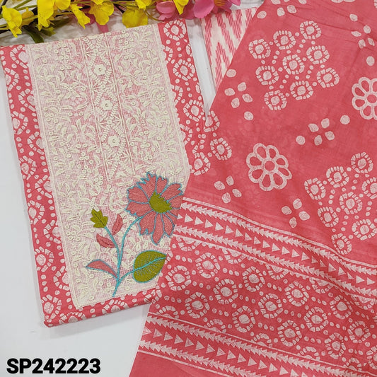 CODE SP242223 : Pink printed soft cotton unstitched salwar material, embroidered on yoke(lining optional)zigzag printed cotton bottom, printed pure mul cotton full length dupatta with lace tapings.