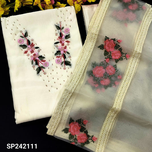 CODE SP242111 : Half white silk cotton unstitched salwar material, v neck bead& sequins work on yoke(lining needed)matching silky bottom, cross stitch embroidered fancy organza dupatta.