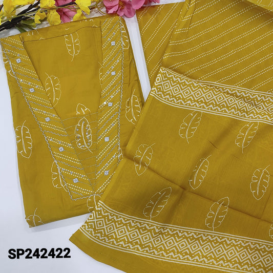 CODE SP242422 : Mehandhi yellow leafy printed premium soft cotton unstitched salwar material, v neck with embroidered(lining needed)printed pure cotton bottom, printed pure mul cotton duaptta.