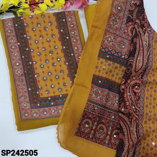 CODE SP242505 : Mehandhi yellow semi georgette unstitched salwar material, printed yoke with real mirror work(lining needed)matching silky fabric provided for both bottom& lining, printed fancy chiffon full length dupatta with real mirror work.