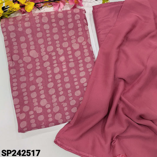 CODE SP242517 : Pink printed semi georgette unstitched salwar material, thin zari line all over(thin fabric, lining needed)matching silky fabric provided for both bottom& lining, plain fancy chiffon dupatta.