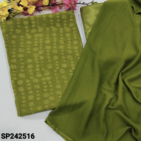 CODE SP242516 : Mossy green printed semi georgette unstitched salwar material, thin zari line all over(thin fabric, lining needed)matching silky fabric provided for both bottom& lining, plain fancy chiffon dupatta.