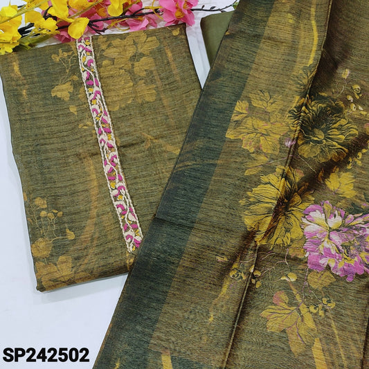 CODE SP242502 : Olive green abstract printed premium tussar silk unstitched salwar material, hand embroidered on yoke(thin fabric, lining needed)rich daman, matching santoon bottom, floral printed premium tussar silk dupatta.