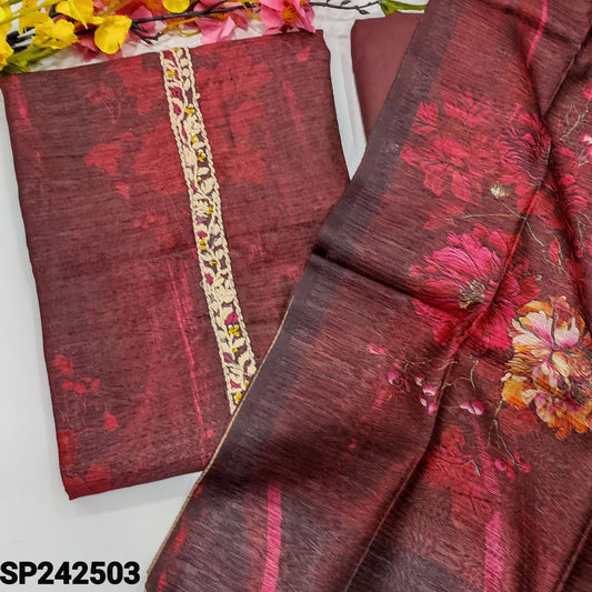 CODE SP242503 : Dark maroon abstract printed premium tussar silk unstitched salwar material, hand embroidered on yoke(thin fabric, lining needed)rich daman, matching santoon bottom, floral printed premium tussar silk dupatta.