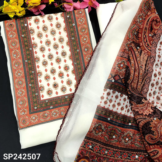 CODE SP242507 : Half white semi georgette unstitched salwar material, printed yoke with real mirror work(lining needed)matching silky fabric provided for both bottom& lining, printed fancy chiffon full length dupatta with real mirror work.